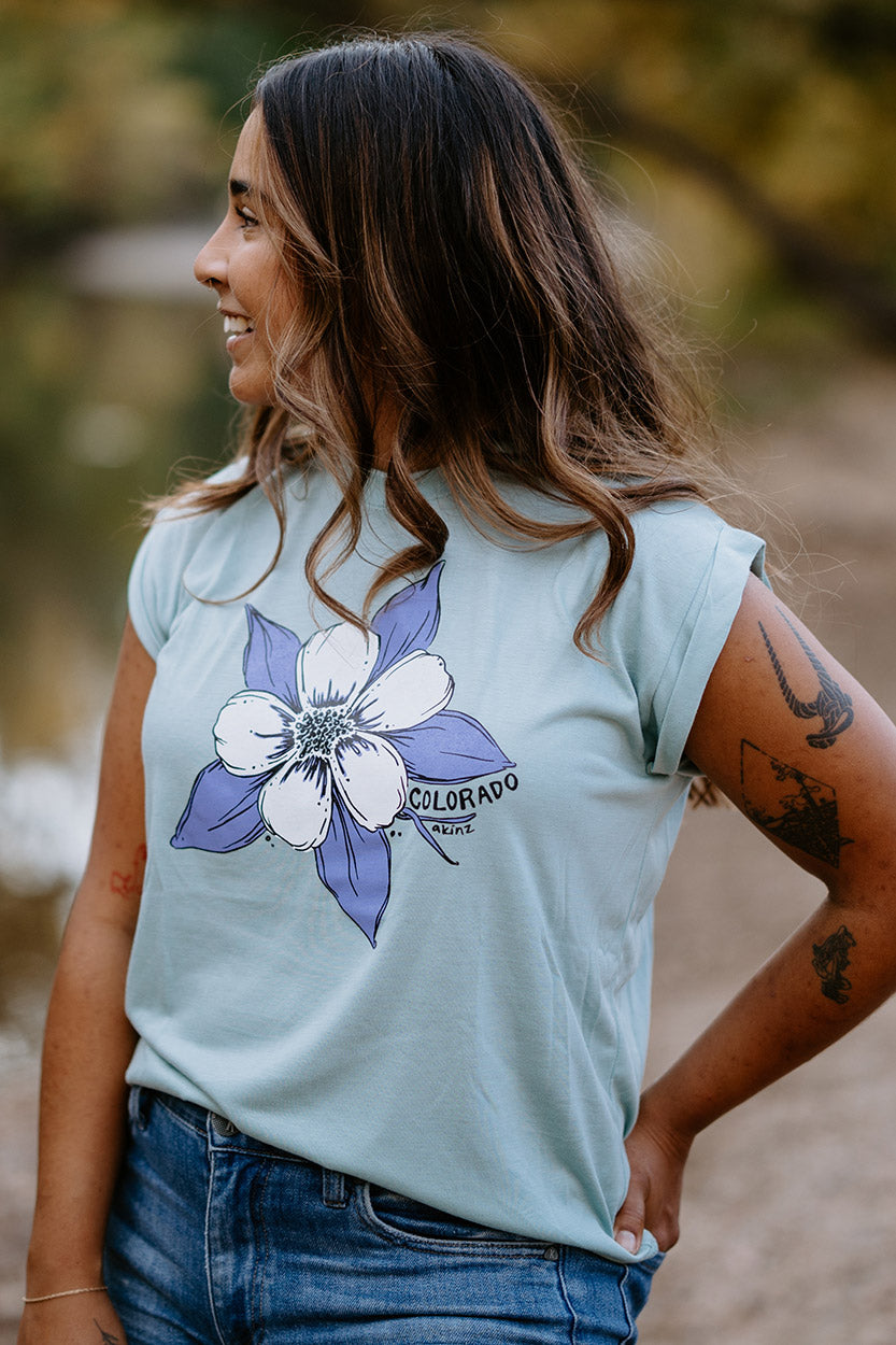 Colorado Columbine Dusty Blue Rolled Sleeve Top