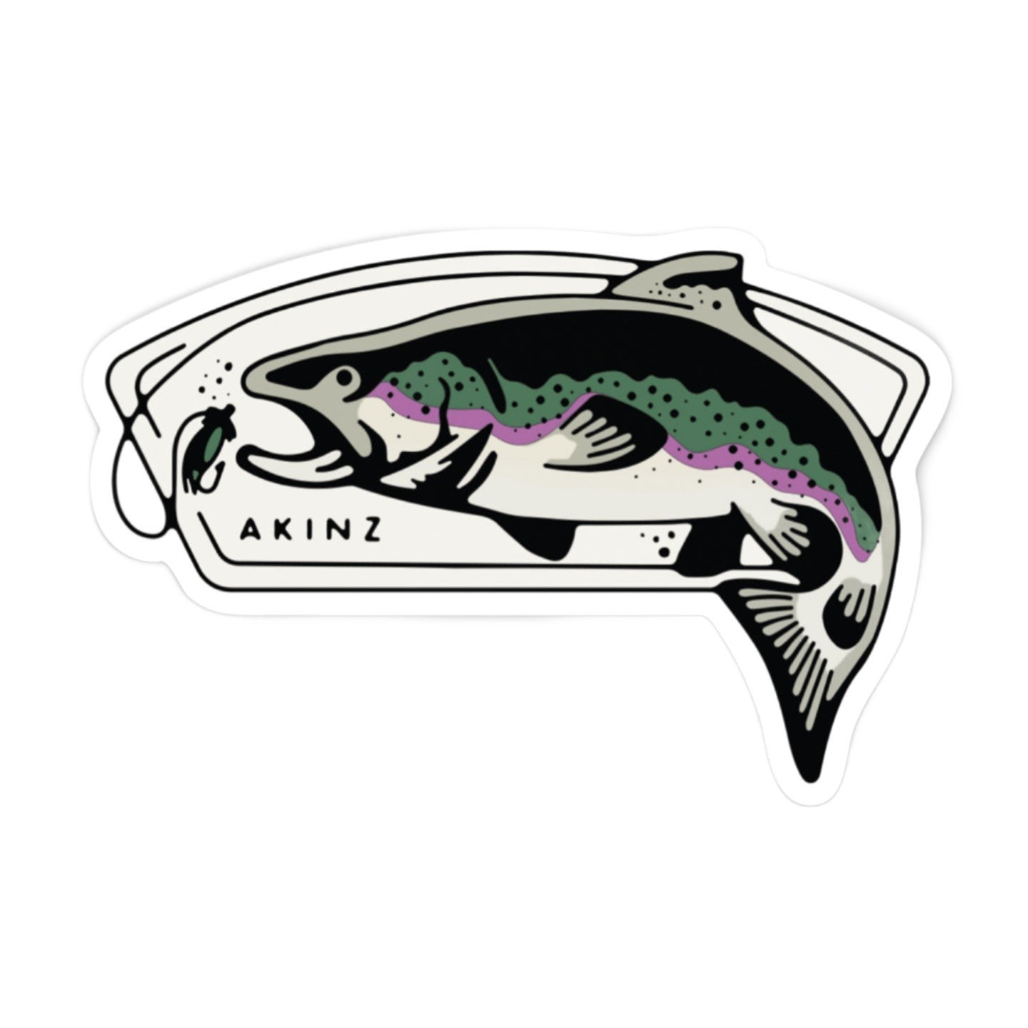 Waterproof vinyl Fish sticker featuring a rainbow trout jumping at a fishing lure