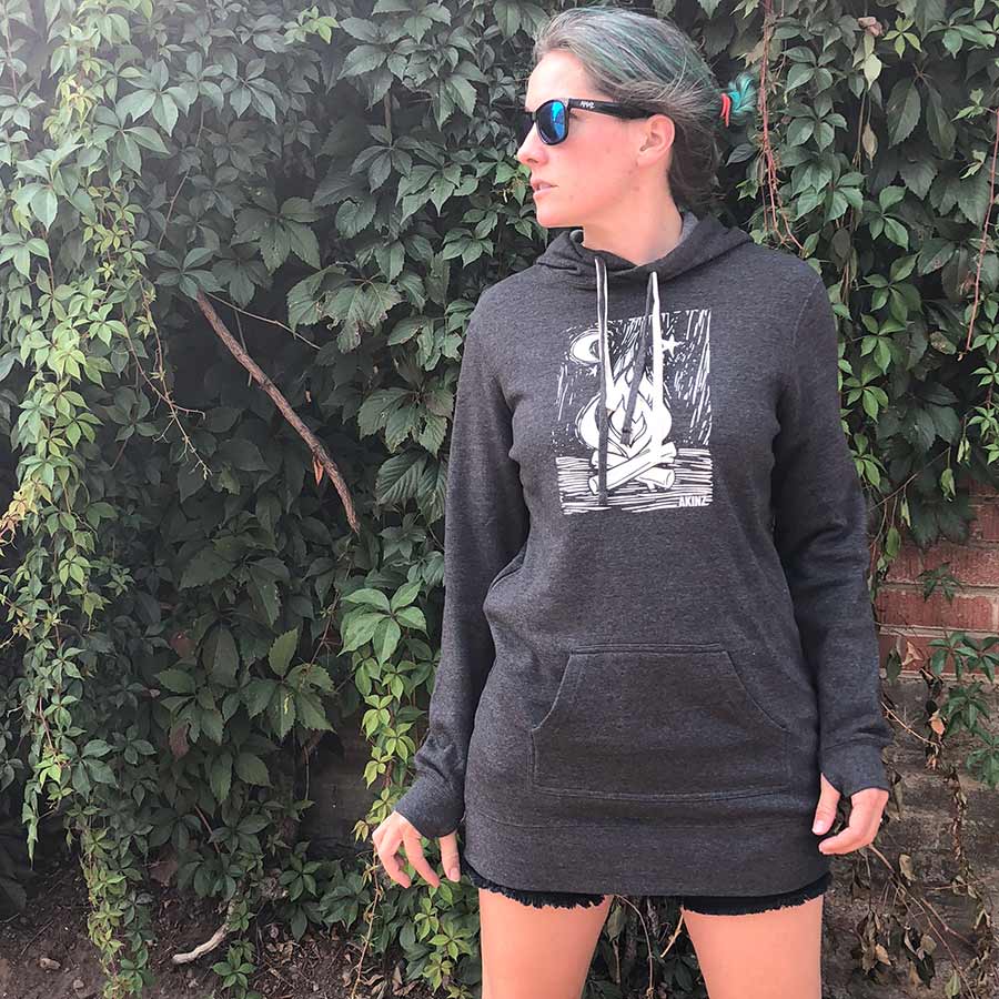 woman wearing campfire fleece sweatshirt hoodie dress