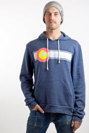 man wearing navy blue colorado flag fleece unisex sweatshirt