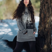 woman wearing colorado live free stay wild hoodie dress grey