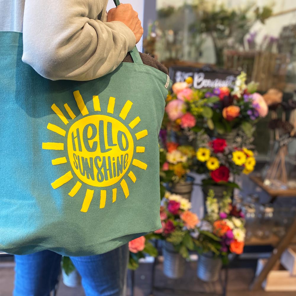 hello-sunshine-yellow-puff-on-teal-tote-bag-beach-farmers-market.jpg