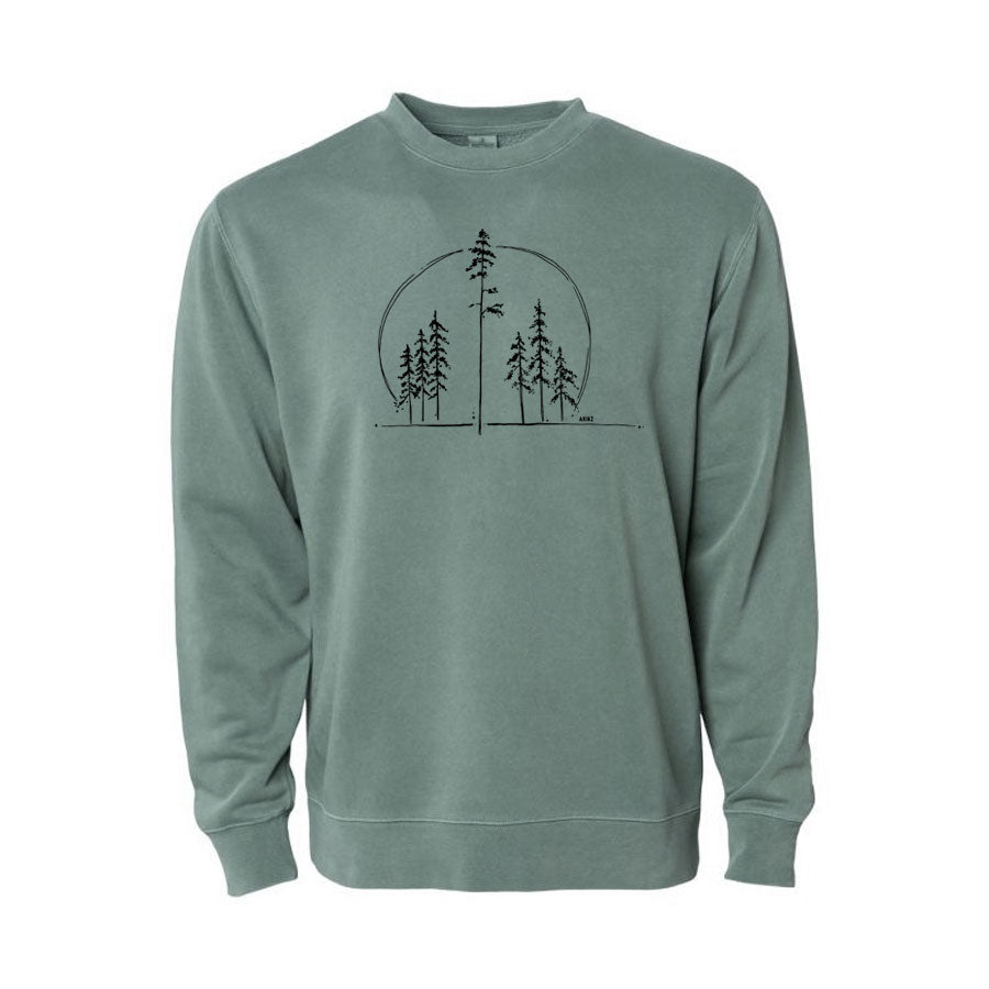 green sweatshirt with trees 