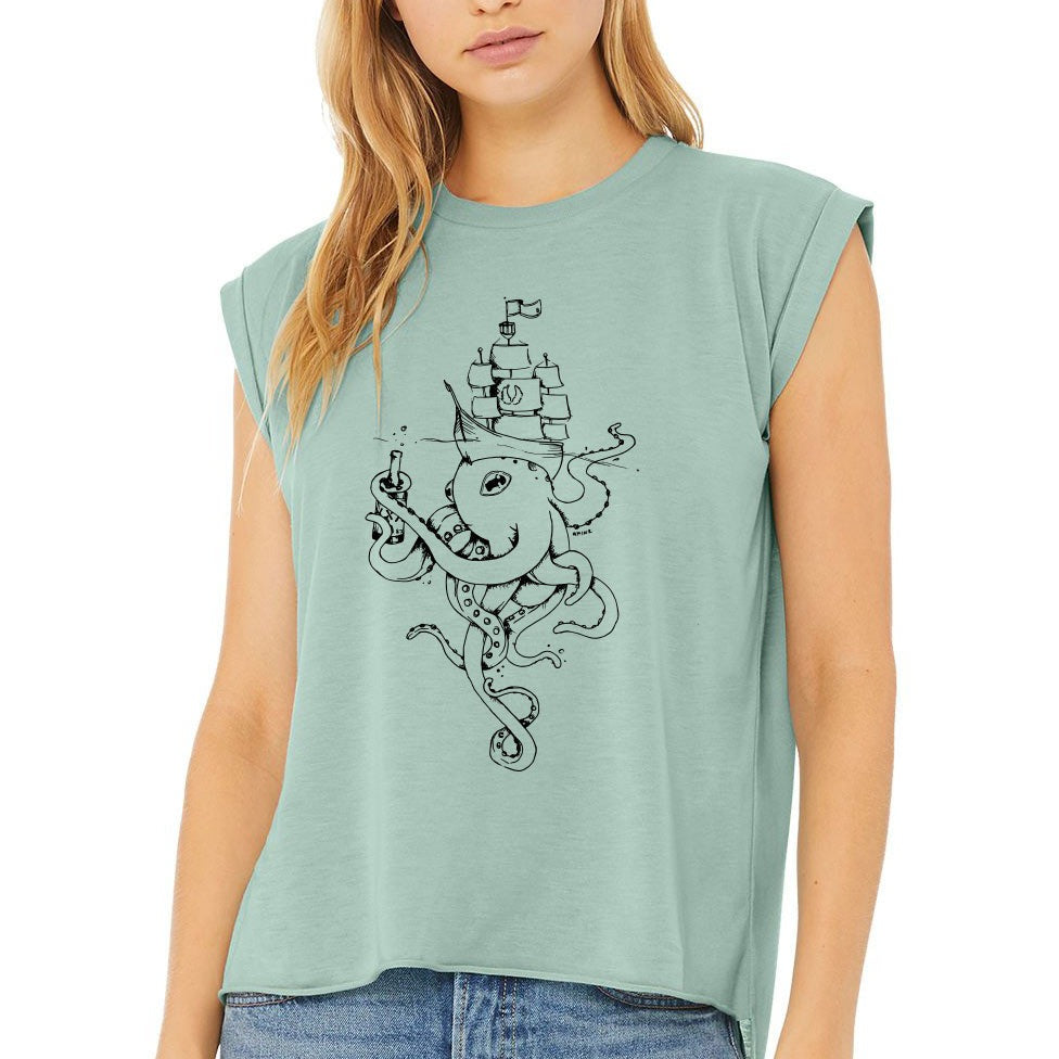 woman wearing sea foam teal rolled sleeve tee with octopus , ship, and bottle