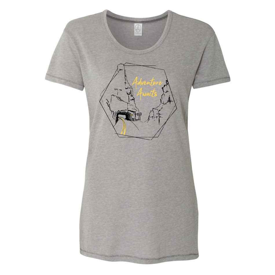 grey womens fit tee shirt adventure awaits