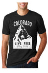 man wearing black colorado live free stay wild shirt