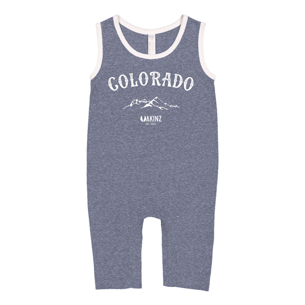 heather navy blue baby romper with colorado mountains design