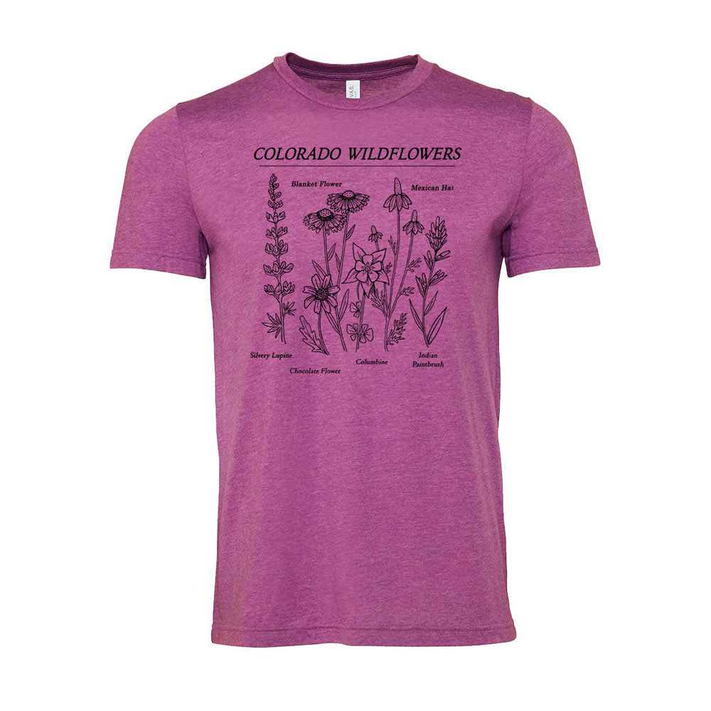 Colorado Wildflowers design printed on a magenta purple t-shirt